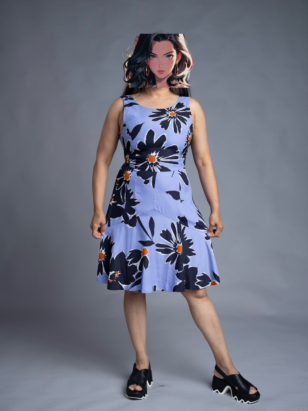 Sleeveless Lilac Floral Fit & Flare Mini Dress with Black and Orange Accents